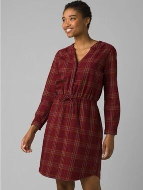 Prana Burgundy Plaid Long-Sleeve Drawstring Waist Dress Cotton Vneck Size M